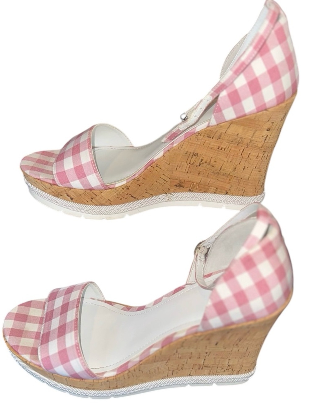 Guess Gingham Cork Wedge Sandals Womens Pink & White Checkered Size 9.5 - Picture 4 of 7